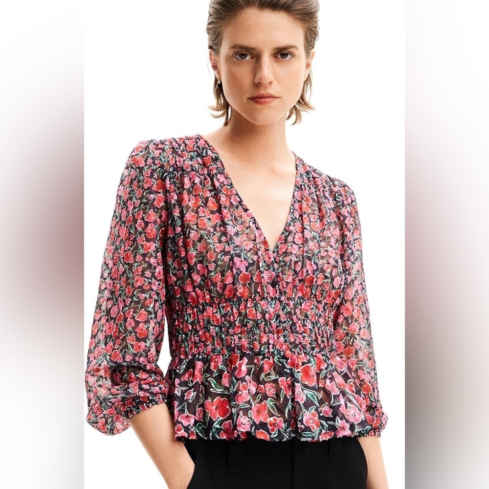 Desigual Hamburgo Floral Chiffon Top | Smocked Waist | M